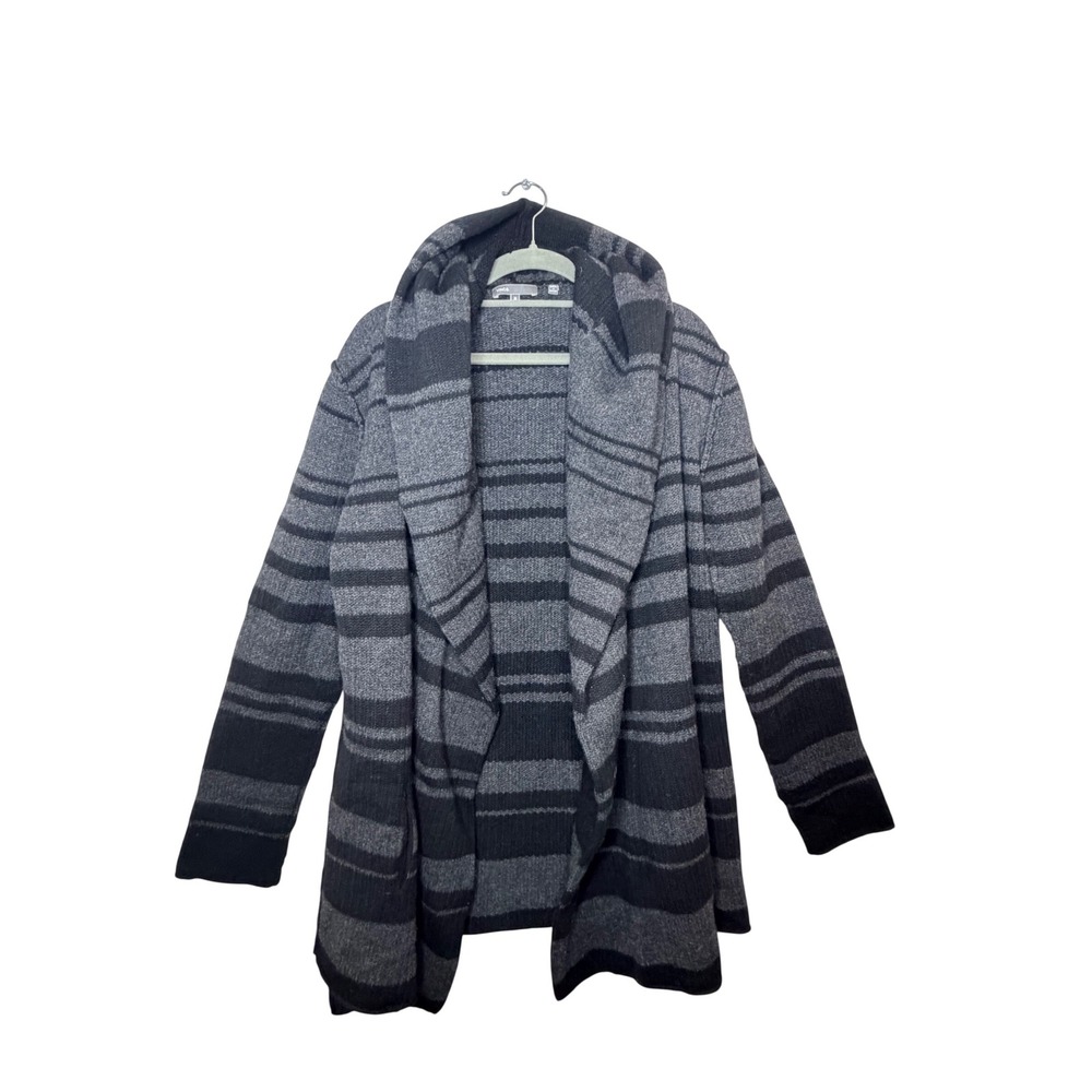 Vince Cashmere Wool Alpaca Striped Hooded Open Cardigan Sweater Grey Black M